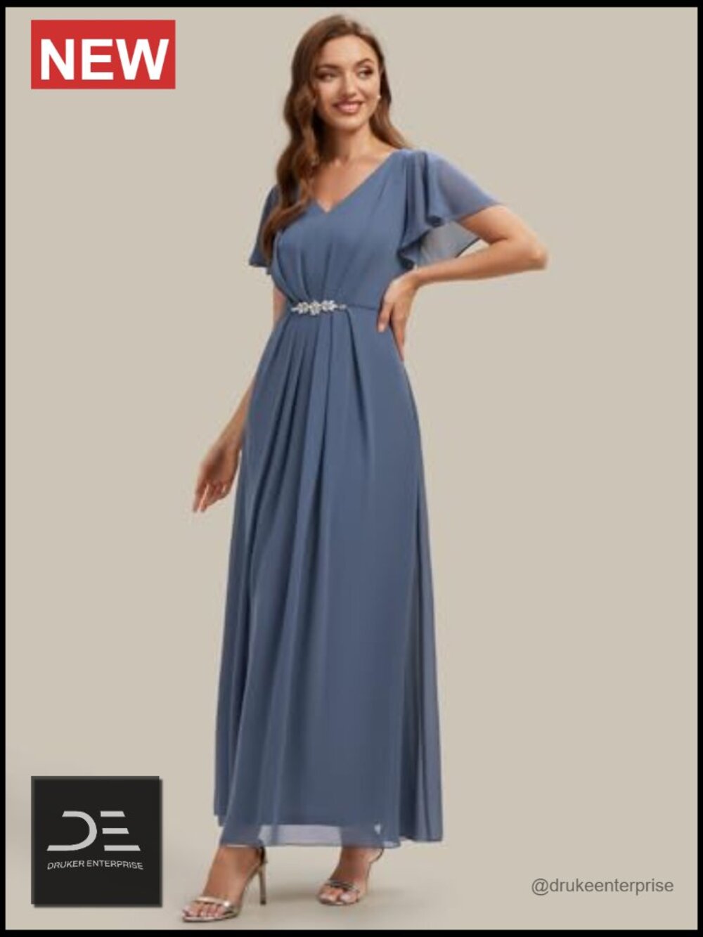 V-Neck Short Sleeve Chiffon Maxi A-Line Formal Dress with Ruffle Trim - Picture 4 of 5